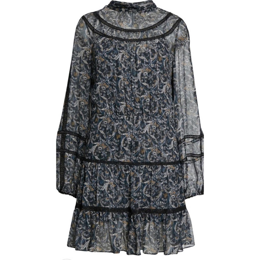 NWT VERONICA BEARD RAHLA FLORAL LACE TRIM LONG SLEEVE SILK DRESS 4 BLACK MULTI - Picture 8 of 8